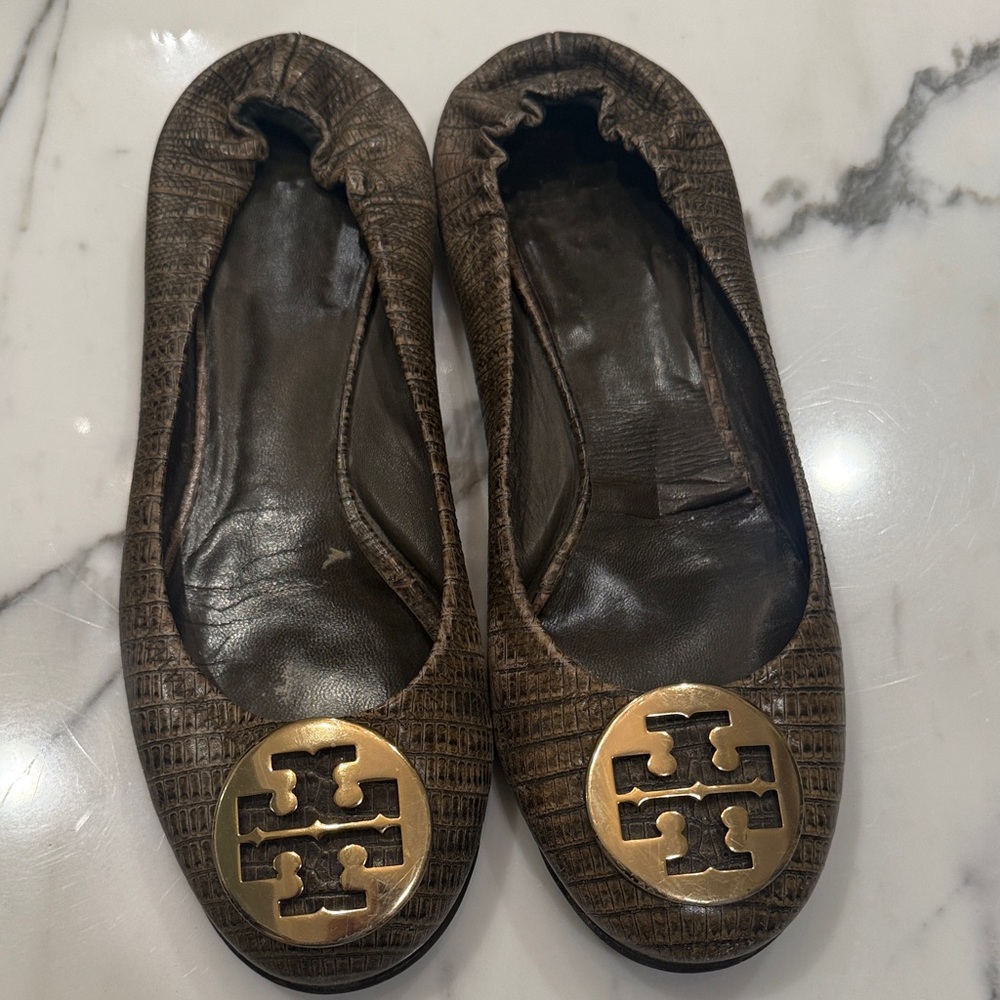 Tory Burch Textured Brown Flats with Gold Logo